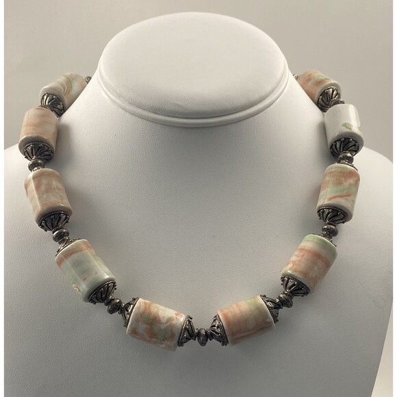Hand Crafted Barrel Porcelain Beads Choker Bib Necklace Earth Tone Faux Jasper - Picture 7 of 11